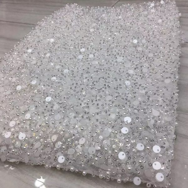 Ivory Beads and Sequins Embroidered Tulle Fabric