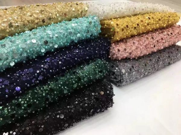 Ivory Beads and Sequins Embroidered Tulle Fabric