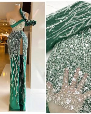 Luxury Sequence Beaded Green Mesh Lace Fabric
