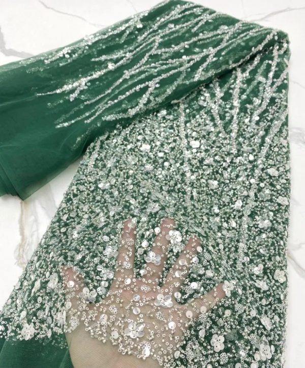 Luxury Sequence Beaded Green Mesh Lace Fabric