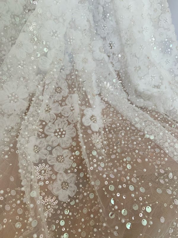 3d Flower With Beaded Bridal Wedding Dress Sequins Fabric