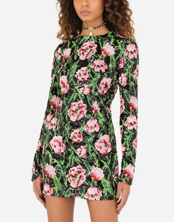 Multicolor sequins tulip embroidery short dress Fabric