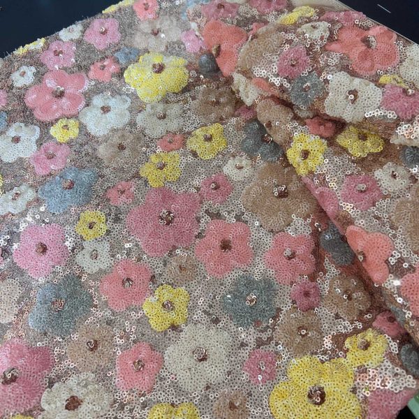 3mm Multi-color Sequnis Flower Heavy Stacked Sequins Wedding Dress Mesh Embroidery Fabrics