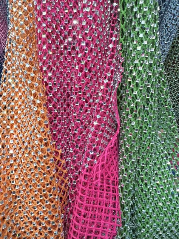 AB Iridescent square diamond Rhinestones Stretch Net Fabric