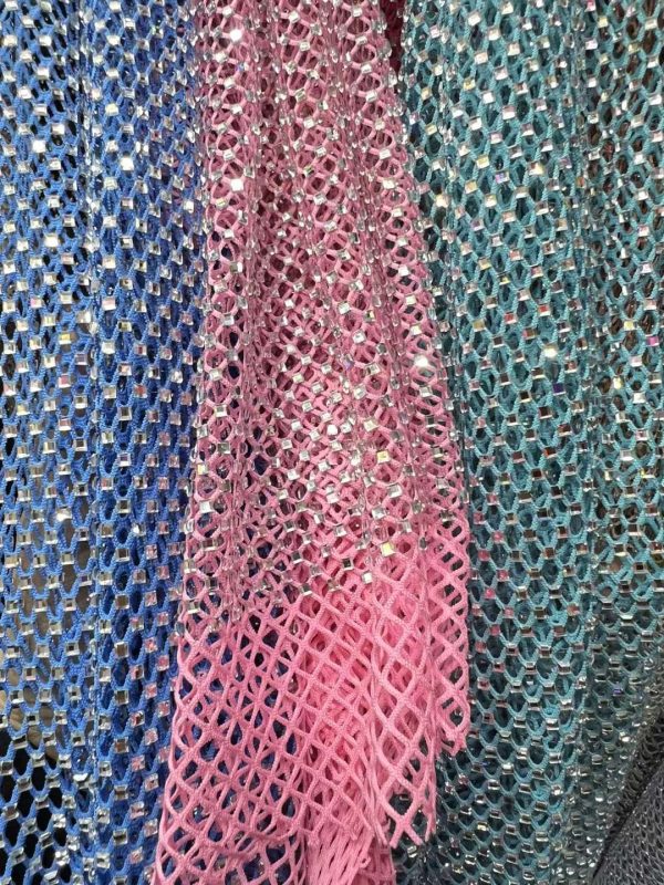 AB Iridescent square diamond Rhinestones Stretch Net Fabric