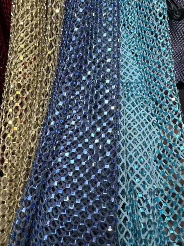 AB Iridescent square diamond Rhinestones Stretch Net Fabric
