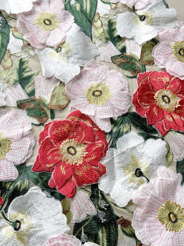 High-End 3D Applique Floral embroidery Mesh lace fabric